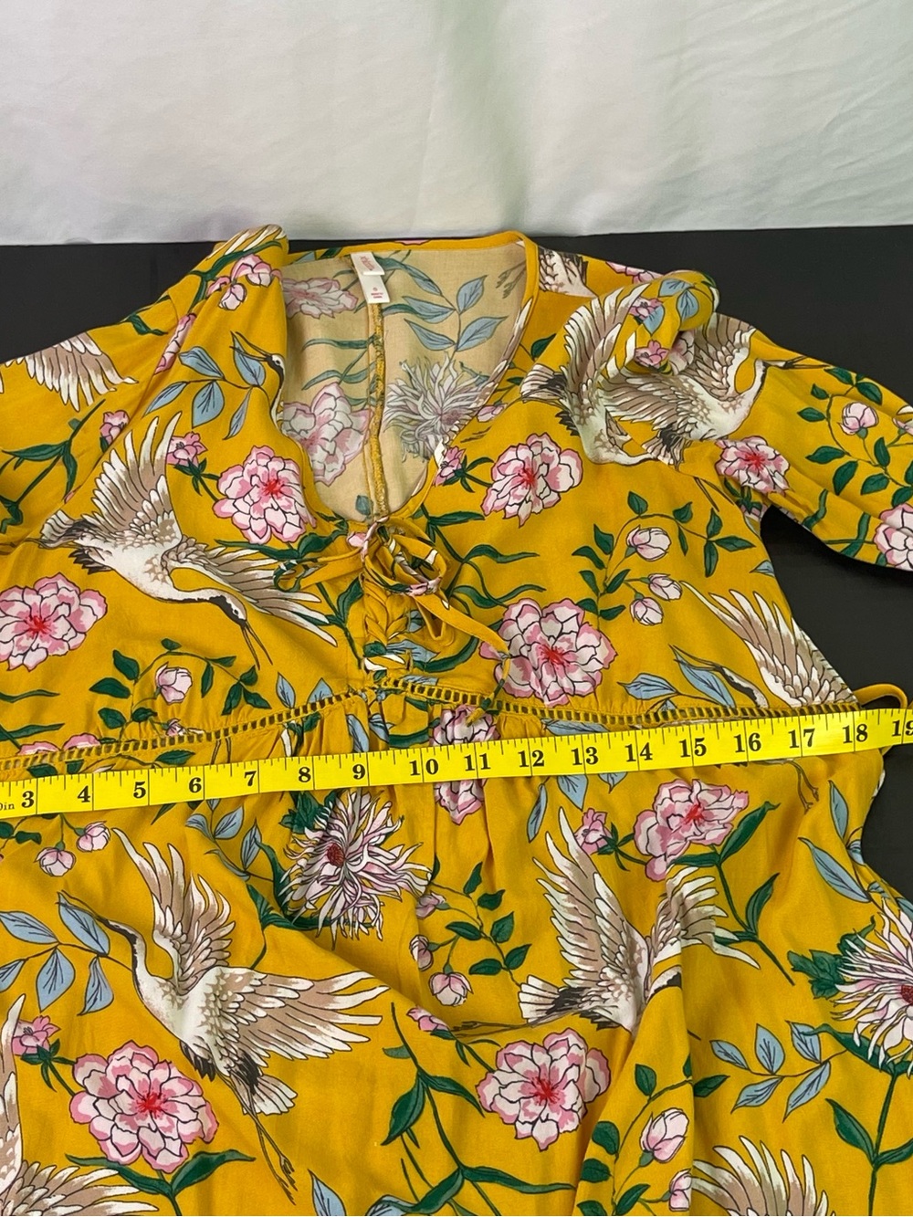 Xhilaration Yellow Boho Mini Dress with Pink Flowers & Cranes Size Small - Picture 12 of 15
